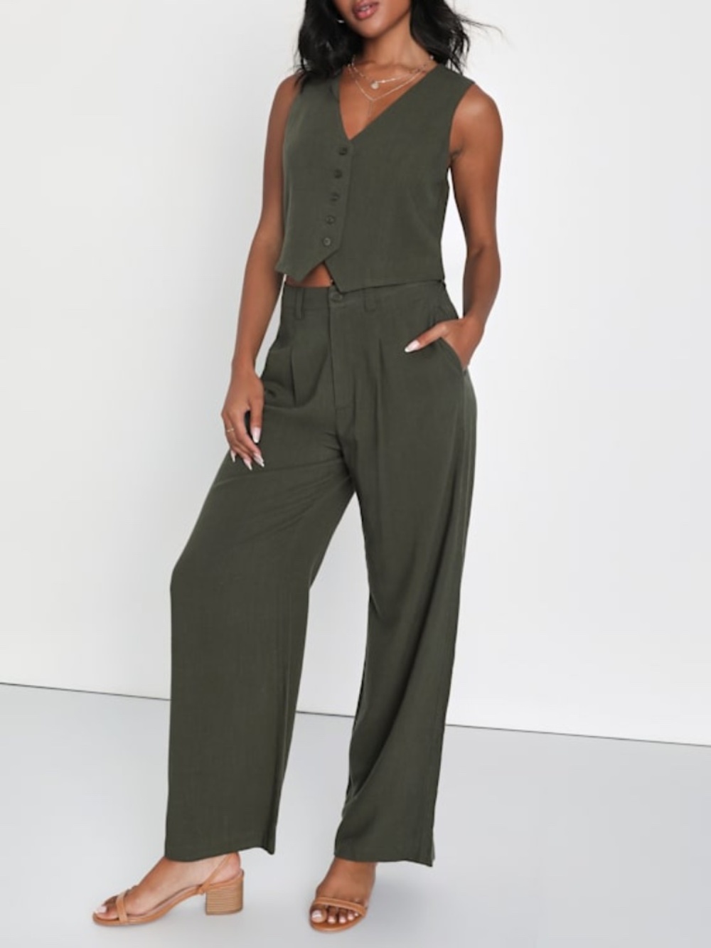 Lulus Suits You Perfectly Olive Green Linen Wide-leg Pants - Size L